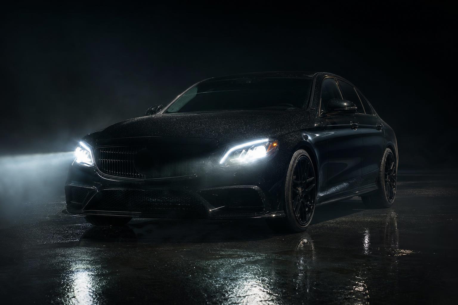 Black luxury car with headlights on in the dark